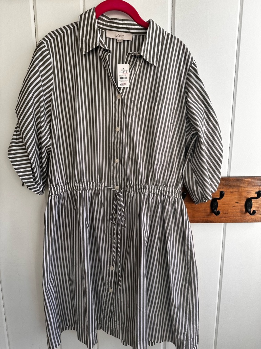 LOFT Olive Green and White Vertical Stripe Shirt Dress